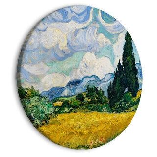 Rundt lærredsprint - Vincent Van Gogh - A Landscape With a Yellow Field of Chrysanthemum and a Cypress Tree