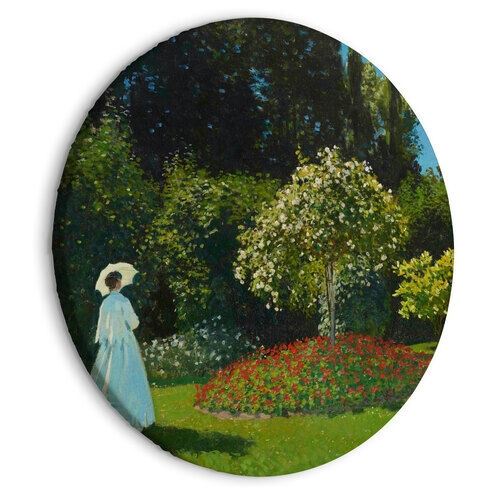 Rundt lærredsprint - Woman in the Garden by Claude Monet - A Landscape of Vegetation in Spring