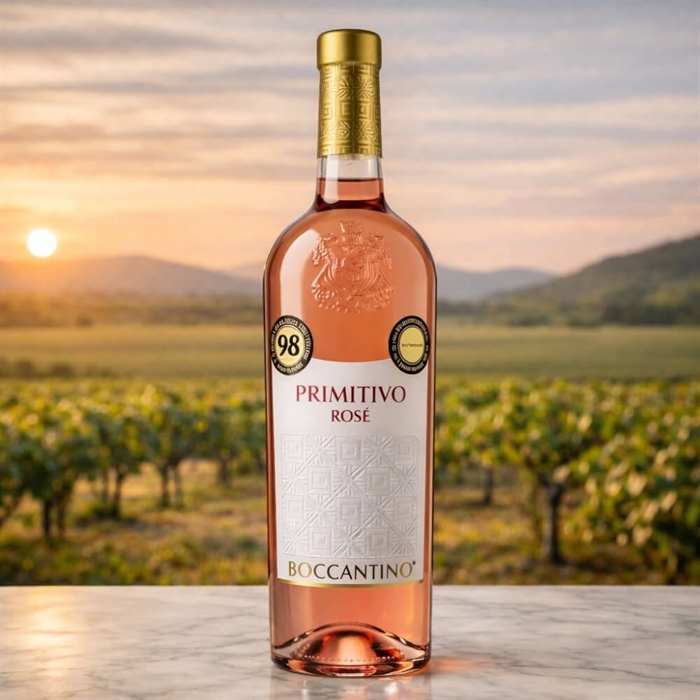 Rosévin fra Salento årgang 2025 – lyserød vinflaske med gylden kapsel og hvid label, fotograferet på marmor med vinmark i baggru