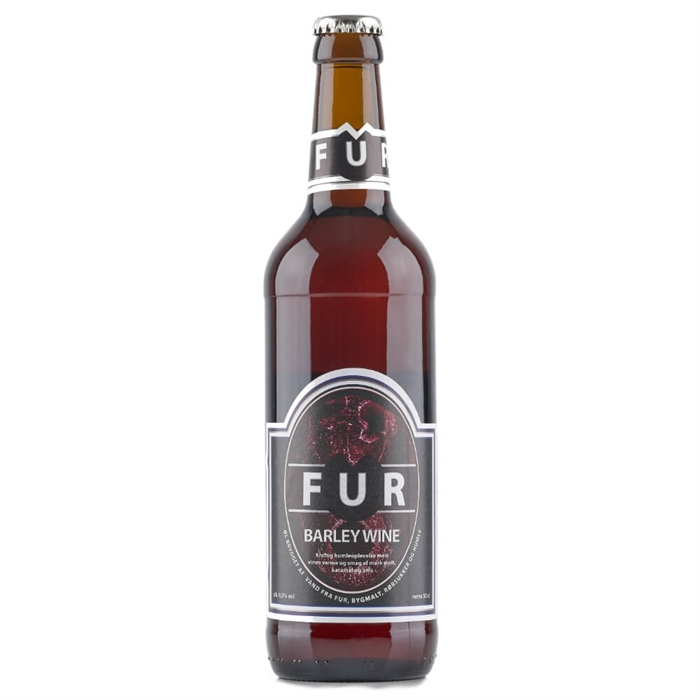 Flasken viser FUR ØL - BARLEY WINE, 10% ABV. Etiketten har "FUR" og "BARLEY WINE" tydeligt vist.