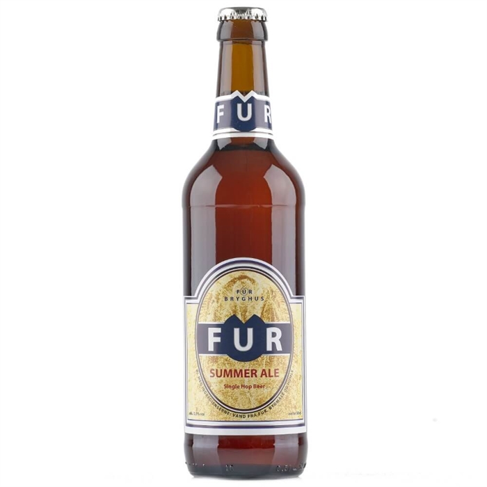 Ølflaske med etiketten "FUR - SUMMER ALE," type "Single Hop Beer," alkohol 4,5%.