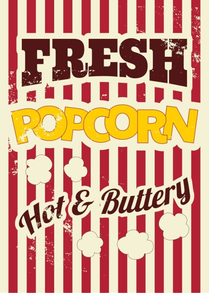 Plakat med retro tekst. Fresh Popcorn. Hot and Buttery