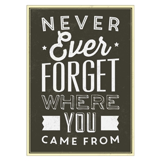 Plakat med retro tekst.  Never ever forget where you came from
