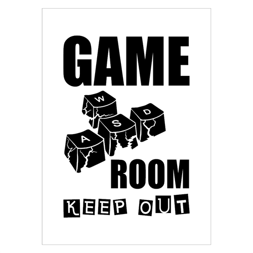 Plakat med teksten Game Room Keep Out og tastatur