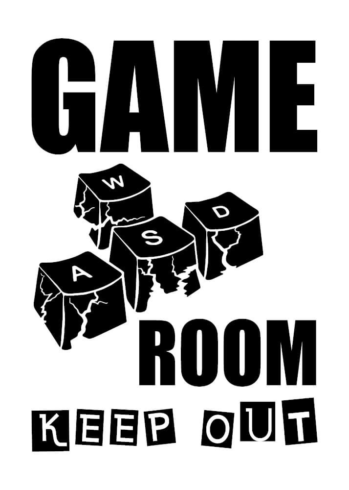 Plakat med teksten Game Room Keep Out og tastatur