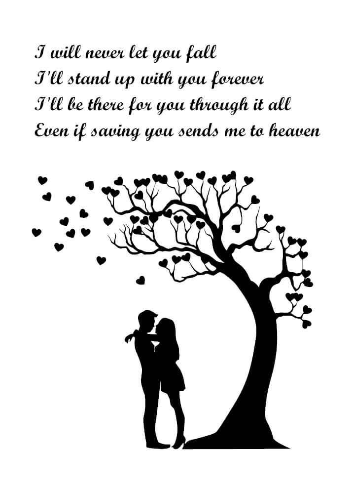 Plakat med teksten I will never let you fall og romantisk illustration