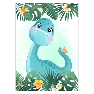 Børneplakat med blå dinosaur og eksotisk design