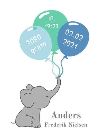 Fødselstavle med elefant til drenge