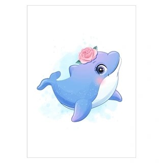 Børneplakat med delfin og blomst på hovedet