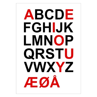Læringsplakat med alfabetet og røde vokaler