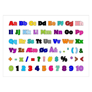 Farverig læringsplakat med alfabet, tal og tegn