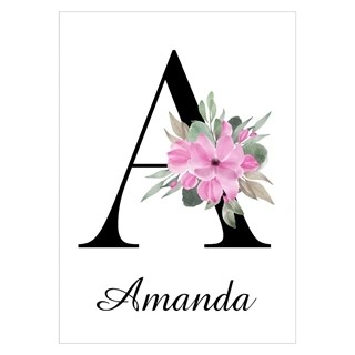 Romantisk og smuk navneplakat med de flotteste blomster. Vælg bogstav og det navne som skal stå under. Med smuk lyserød blomst.