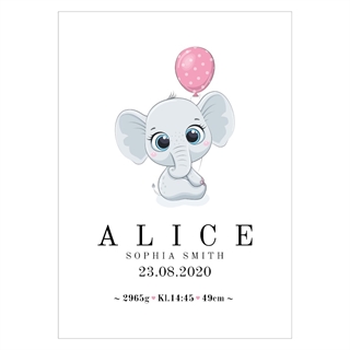 Fødselstavle med en bedårende elefant som holder i en pink ballon. På fødselstavlen er der plads til navne, dato, højde og vægt