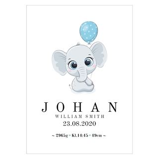 Fødselstavle med en charmerende elefant som holder i en blå ballon. På plakaten er der plads til navne, dato, højde og vægt.