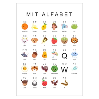 Alfabet plakat til børn med bogstaver og fine billeder af dyr, frugt og ting.