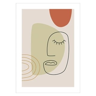 Plakat med abstract faceline 6 med optegnet ansigt og diskret beige baggrund, med usymmetriske former i grøn og rusten orange.