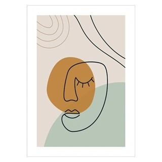 Plakat med abstract faceline 7 med et optegnet ansigt i lys mintgrøn, mørk, støvet orange og beige farver i baggrunden.