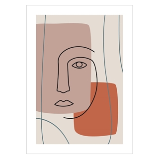 Plakat med abstract faceline 8, med optegnet ansigt i sort og med baggrund i diskrete beige, brune og orange farver