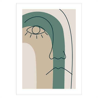 Plakat med abstract faceline 9. Plakaten indeholder et optegnet ansigt i sort med baggrund i beige, brun og støvet grøn