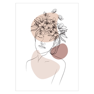 Plakat - Abstract floral girl- 1. Plakat med smuk pige med blomsterkrans på hvid baggrund. Med elementer i brun og beige