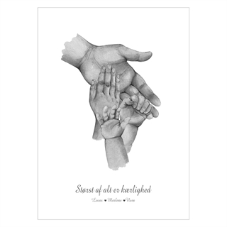 Far til tre - køb en flot plakat online i dag. Bedårende familie plakat med illustration af fire hænder, og plats til tekst.