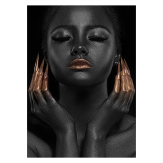 Plakat med smuk kvinde i guld og sort