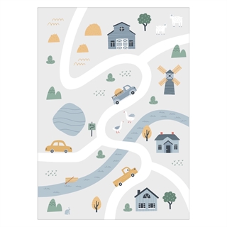Plakat med landsbykort med huse og biler.