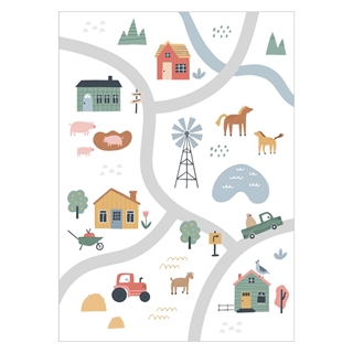 Plakat med landsbykort med huse og dyr