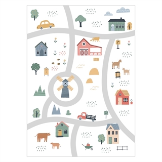 Plakat med landsbykort med sjove veje og huse