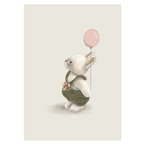 Plakat til baby med kanin og lyserød ballon. Flot lys og beige baggrund