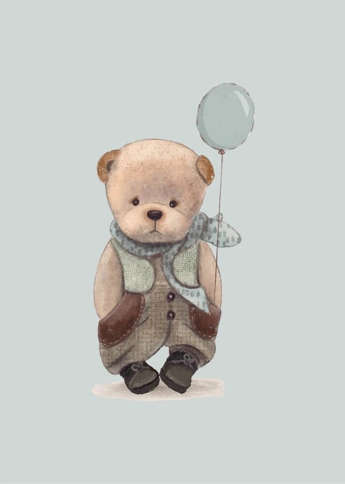 Plakat til børn med bamse og en ballon i lyseblå.