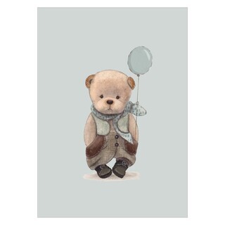 Plakat til børn med bamse og en ballon i lyseblå.