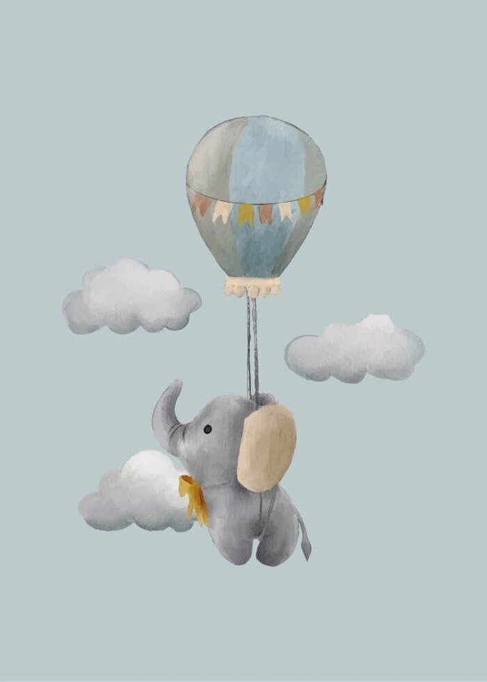 Børneplakat med elefant, luftballon og skyer på en smuk luseblå baggrund