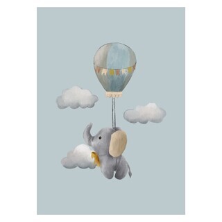 Børneplakat med elefant, luftballon og skyer på en smuk luseblå baggrund