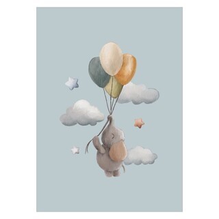 Børneplakat med balloner, skyer og en elefant i flotte sarte farver
