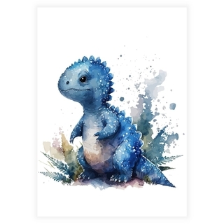 Børneplakat i akvarel med blå dinosaur