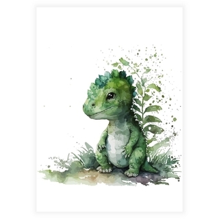Børneplakat i akvarel med grøn dinosaur