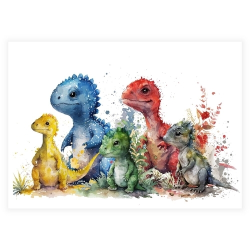 Unik børneplakat i akvarel med dinosaurer