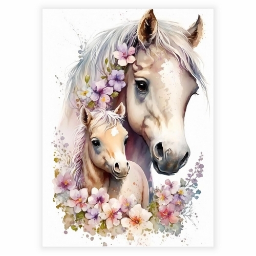 Unik akvarel plakat med en heste mor og unge