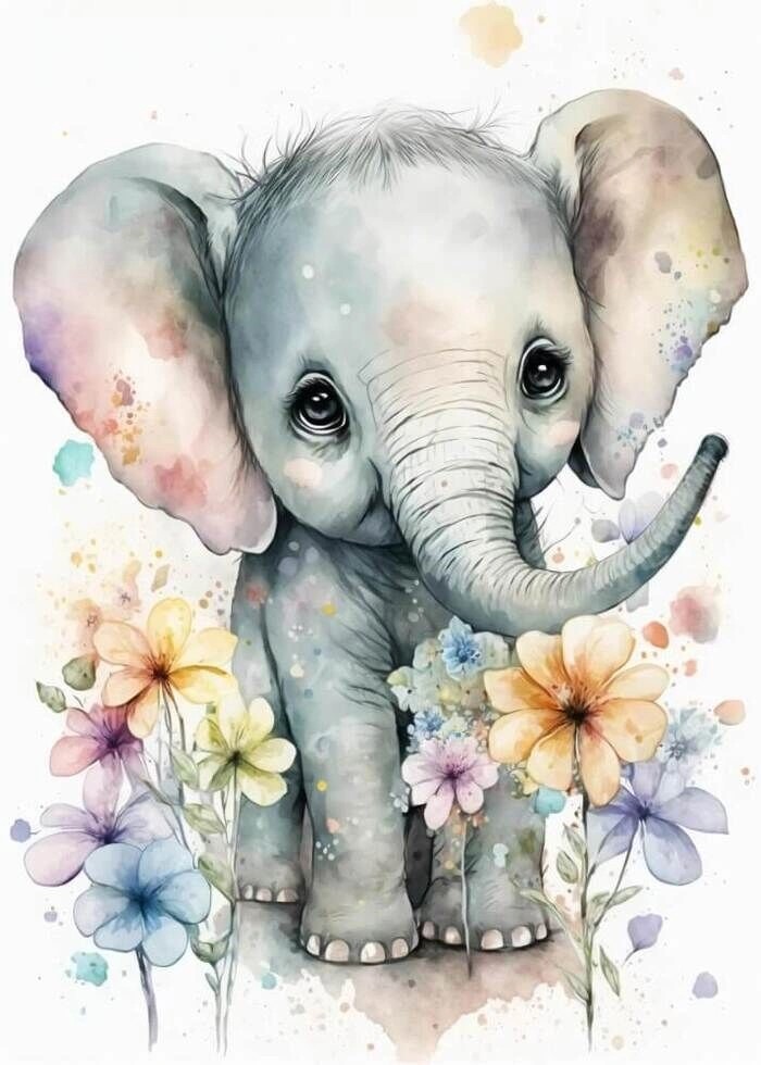 Akvarel Blomster plakat med et lille elefant