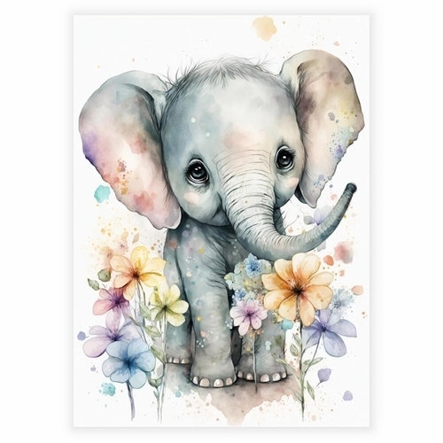 Akvarel Blomster plakat med et lille elefant