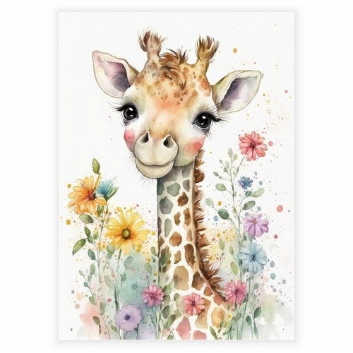 Akvarel Blomster plakat med en lille giraf