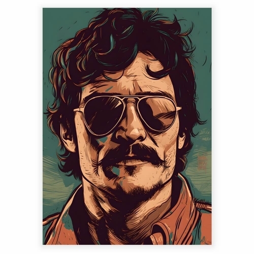 Fed illustration af en mand med overskæg og solbriller som plakat