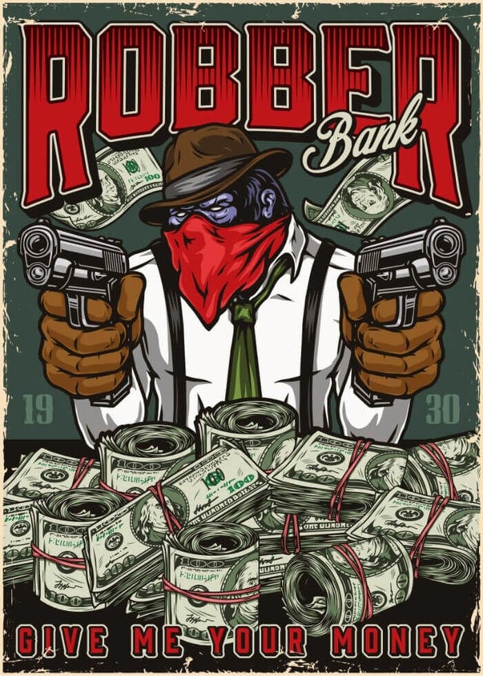 Sjov gangster plakat med en røver "give me your mony" plakat