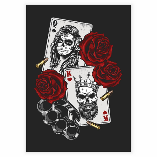 En rigtig gangsta plakat med spillekort og røde roser