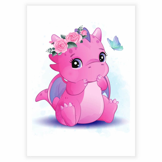 sødeste baby drage i lyserød med blomster plakat
