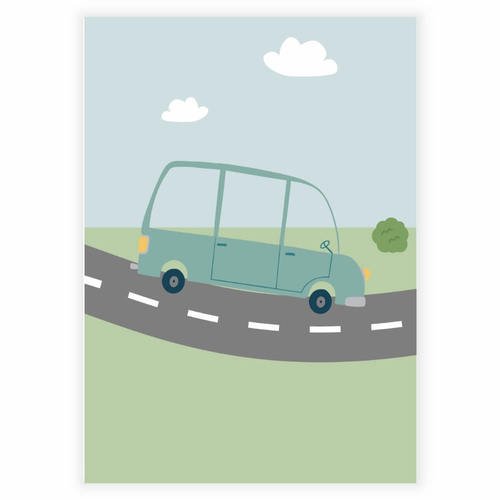 Grøn bil på vejen Plakat med grøn græs og blå himmel
