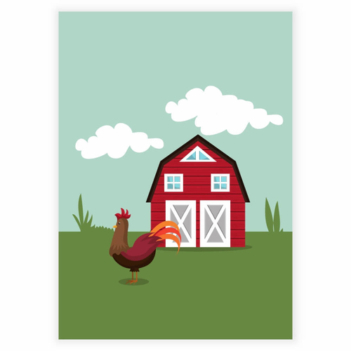 bondegård med en hane på bondegård - Børneplakat