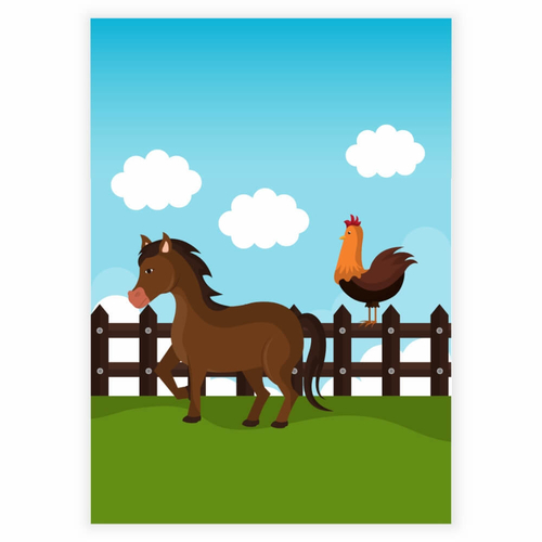 en glad brun hest med hane på stakit som Børneplakat