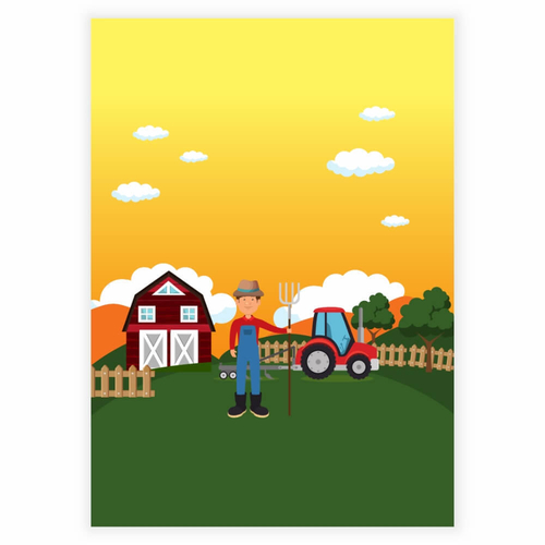 Bondegård, bondemand og traktor en tidlig morgen - Børneplakat